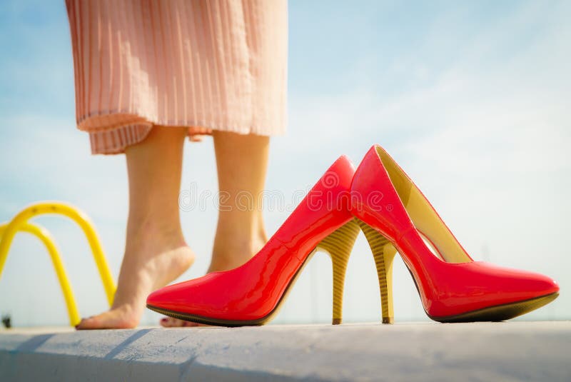 Red high heel classic shoes outdoor royalty free stock photography Red high heel classic shoes outdoor royalty free stock photography