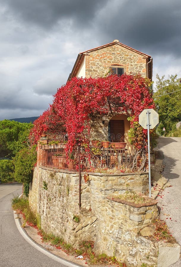 Red hill house on v corner stock photo. Image of covering 267660738