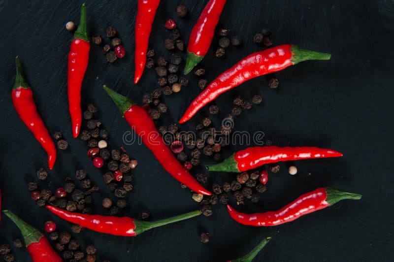 Red Hot Chili Peppers on Black Slate Background, Instagram Filter Stock