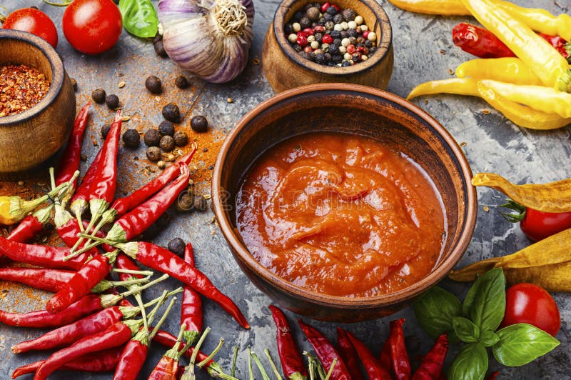 Red hot chilli sauce stock image. Image of taste, adjika 159815393