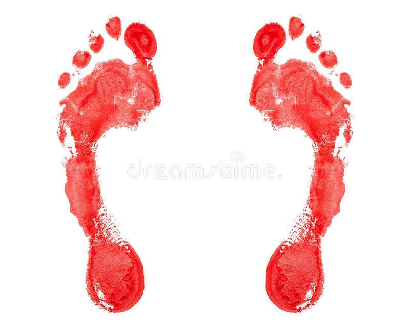 Red human footprint white background isolated closeup, bloody foot print pattern, barefoot footstep silhouette illustration, feet