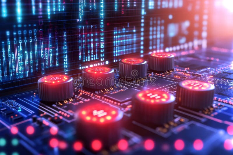 AI generated high quality stock photo image artificial generated illustration of Red illuminated buttons on network control switches emphasizing data management server operation and high tech control in modern digital communication environments