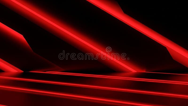 Red illuminated geometric planes and lines on a dark reflective surface stock illustration