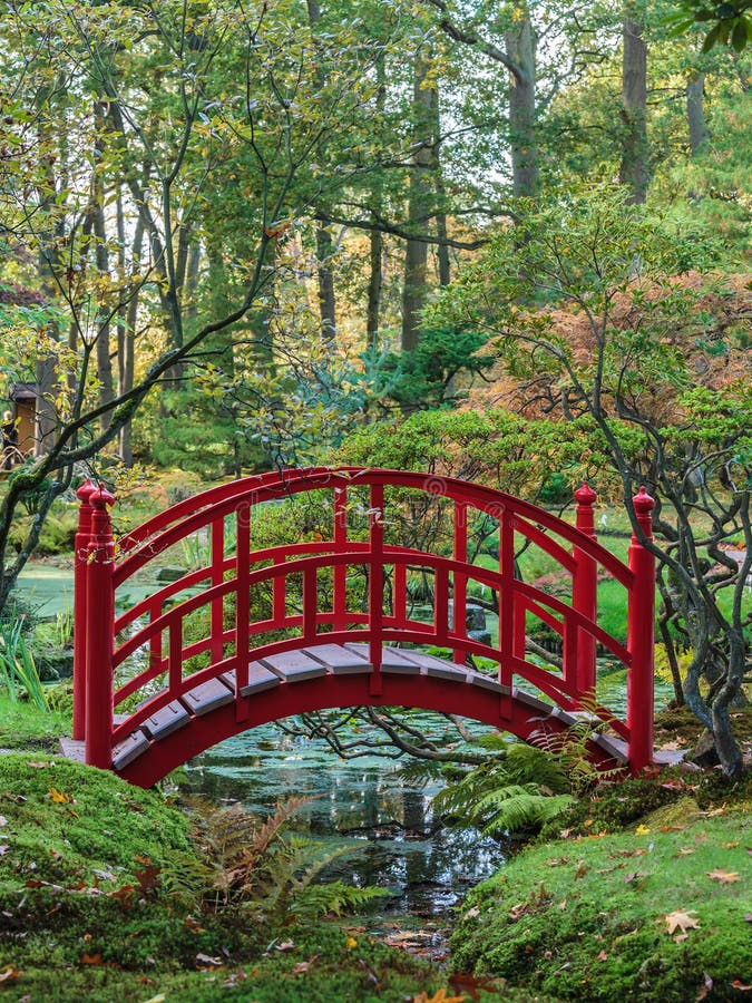 Red Japanese Bridge in an Autumn Garden Stock Photo Image of