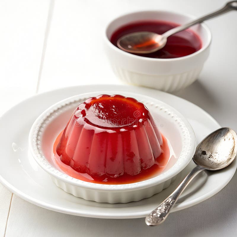 A red jelly dessert on a white plate with a silver spoon, a bowl with red liquid and a spoon on a white table. Cleanplate illustrations