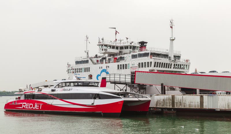 Red Jet Fast ferry boat is moored in port of Southampton royalty free stock image
