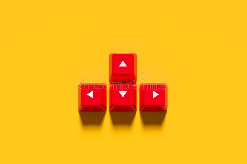Red keyboard arrow keys showing up, down, left, right directional input on yellow background stock illustration