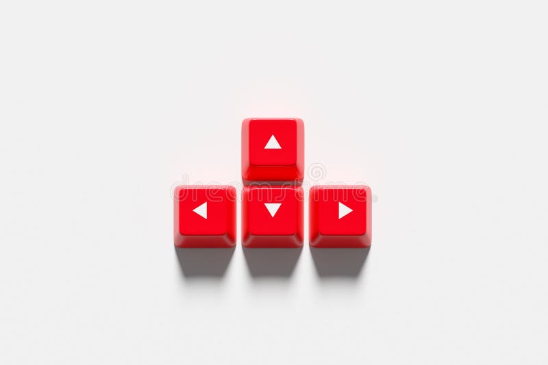 Red keyboard arrow keys showing up, down, left and right directions stock illustration