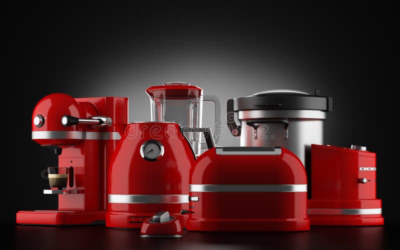 Red kitchen appliances on black vector illustration