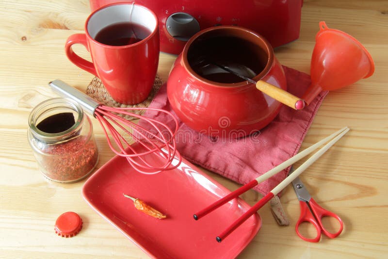 Red kitchen items stock photo. Image of bowl, pepper 69088948