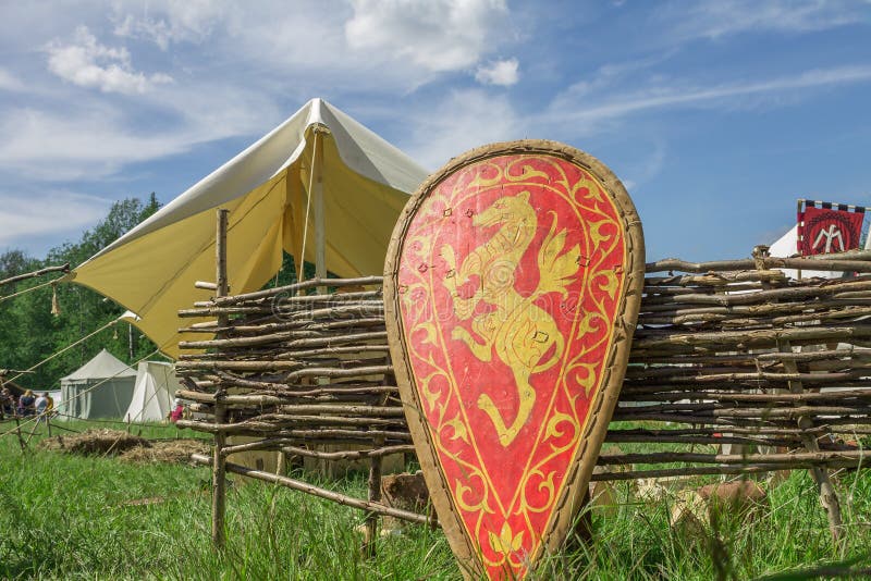 Red knight s shield with family coat of arms on grass