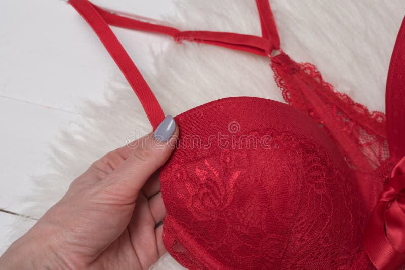 Red Lace Bra in Female Hand. Fashion Lingerie Concept Stock Photo - Image  of view, brassiere: 142555690