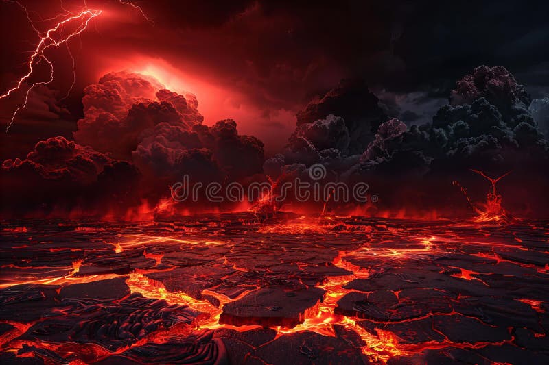 Red lava background with thunder and lightning, red fire sky, dark black night, endless burning desert of hell, lava cracks o royalty free illustration