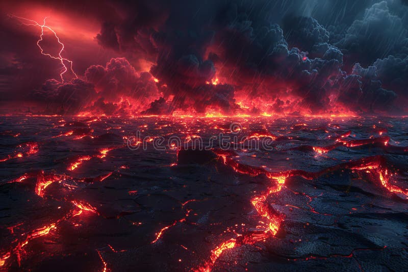 Red lava background with thunder and lightning, red fire sky, dark black night, endless burning desert of hell, lava cracks o vector illustration