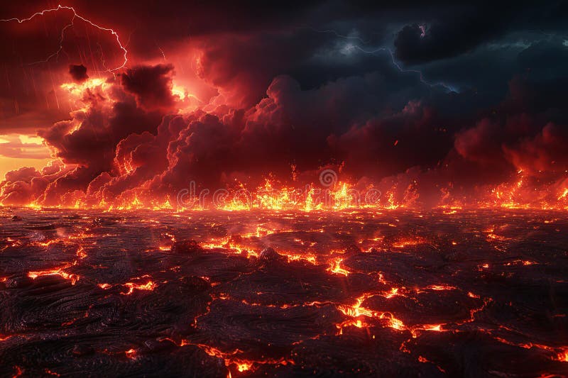 Red lava background with thunder and lightning, red fire sky, dark black night, endless burning desert of hell, lava cracks o royalty free illustration