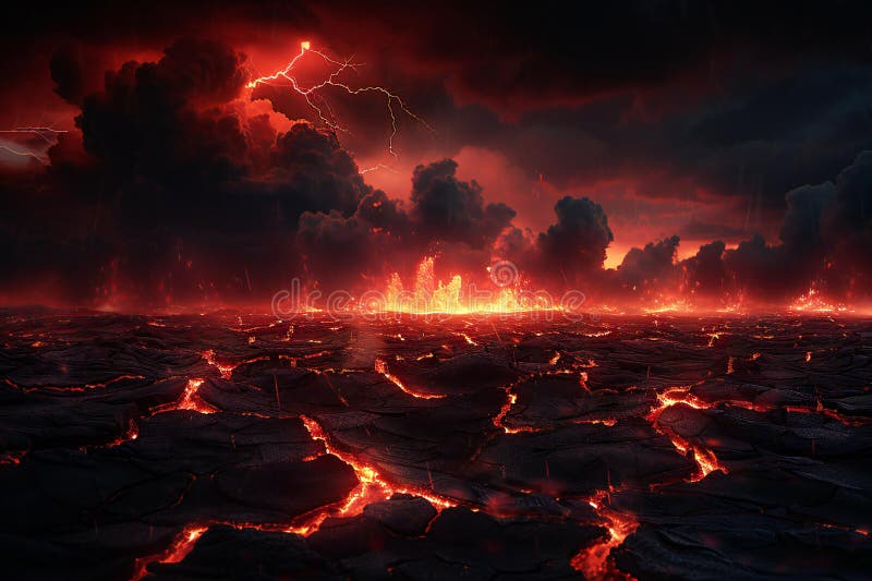 Red lava background with thunder and lightning, red fire sky, dark black night, endless burning desert of hell, lava cracks o vector illustration