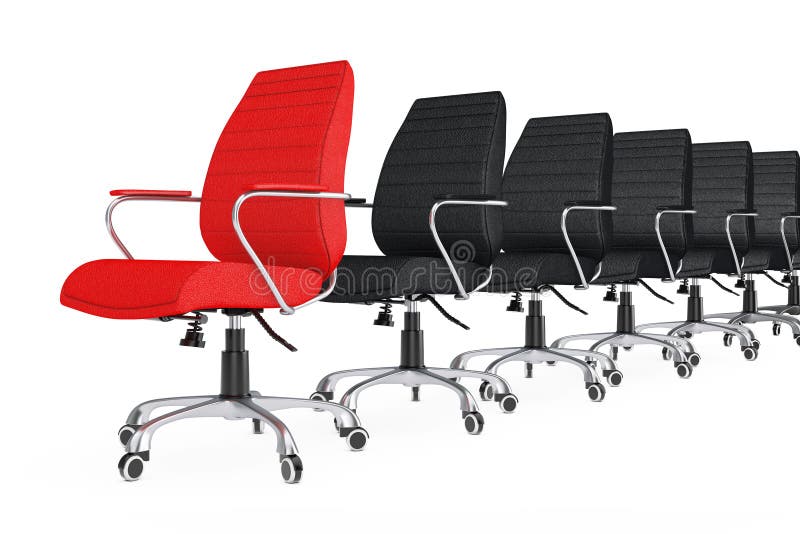 Red Leather Boss Office Chair as Leader in row of Black Chairs.