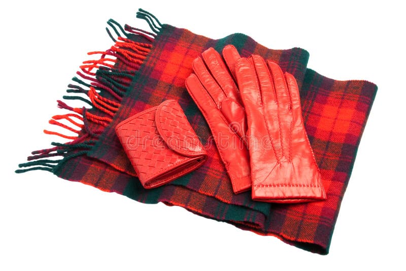 Red leather gloves, purse and tartan scarf on white with clipping path