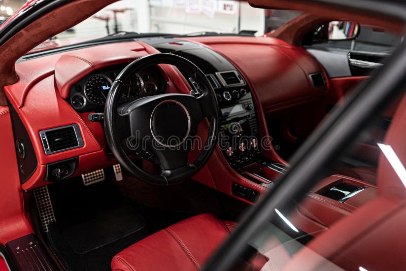 Red Leather Seats in Car. Modern Luxury Sport Car Interior. Stock Image