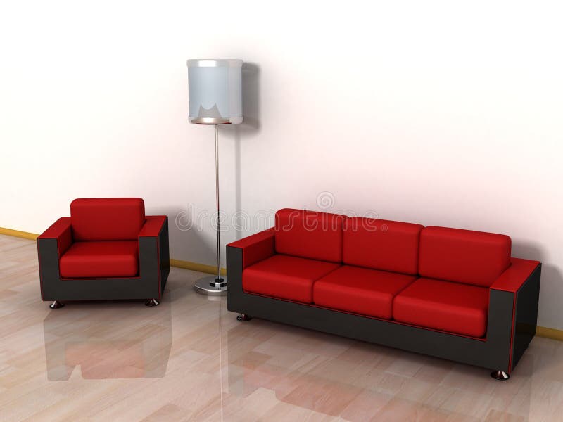 Red leather sofa, arm-chair and stylish floor lamp