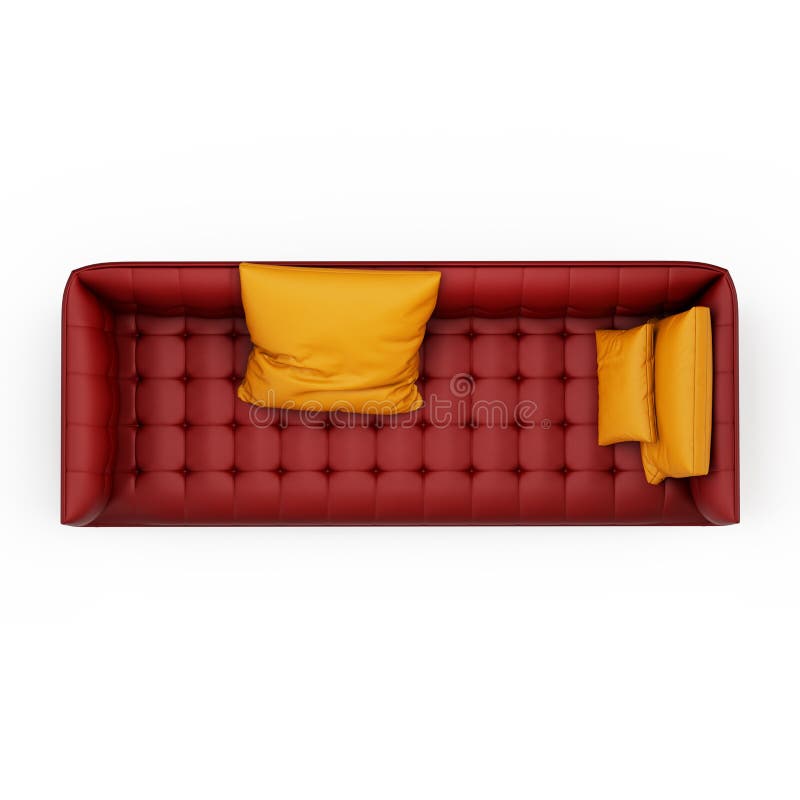 Red Leather Sofa With Orange Pillows On A White Background Top View 3d Rendering Stock