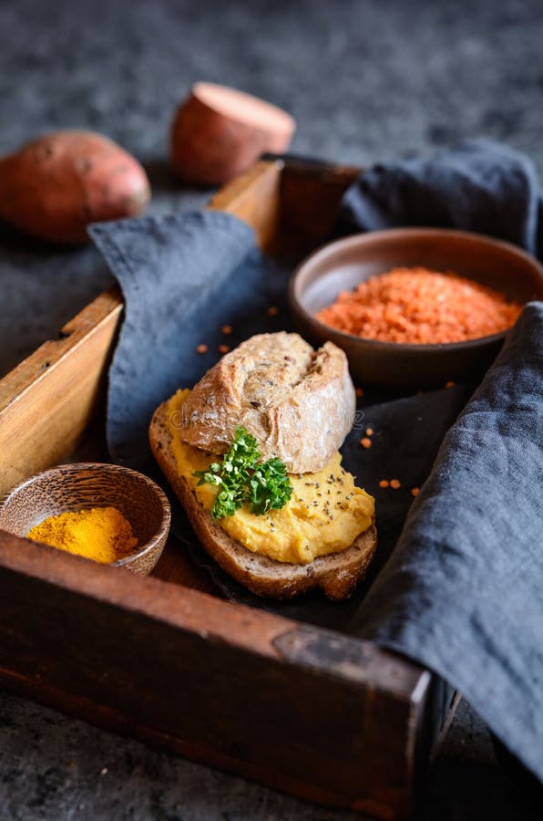 Red lentil and sweet potato spread, sprinkled with chia seeds