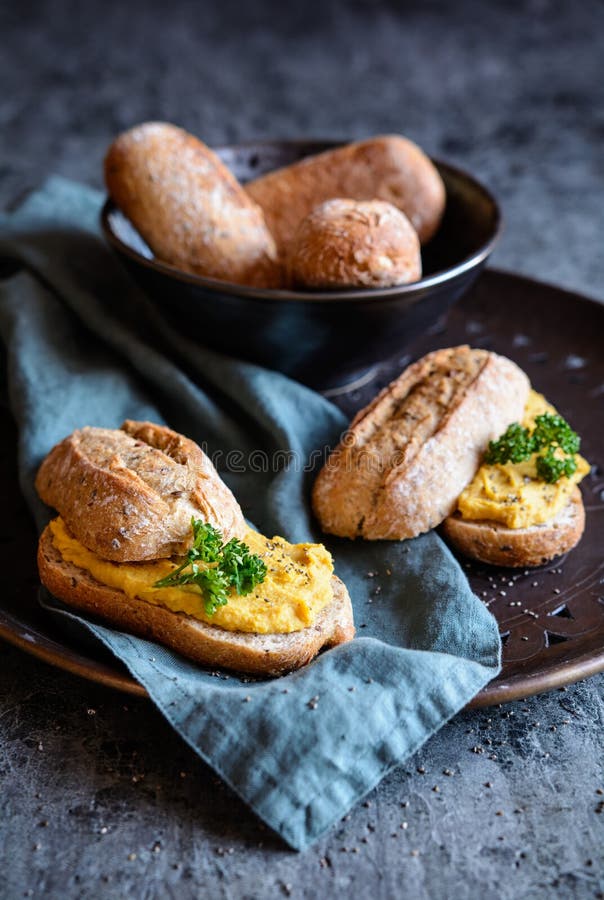 Red lentil and sweet potato spread, sprinkled with chia seeds