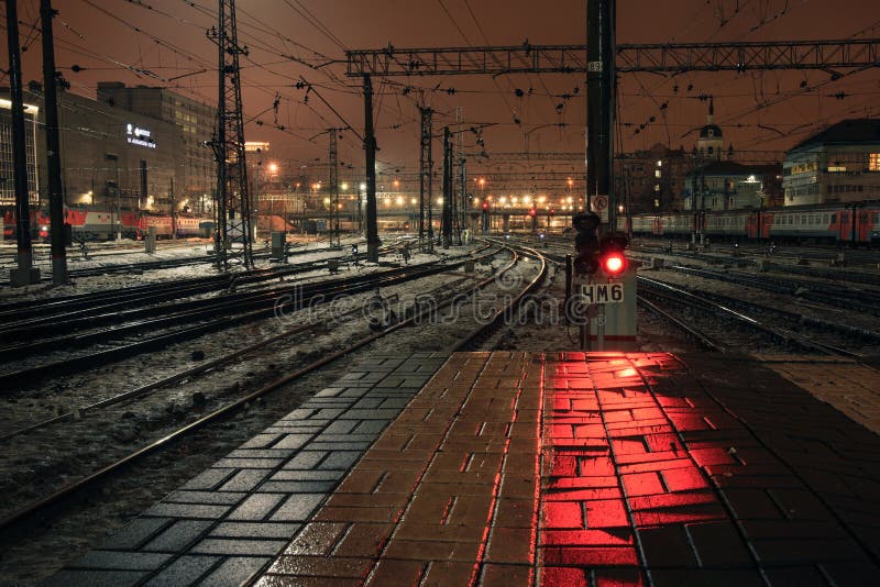 Red light signal at night on Kazansky rail station in Moscow, Russia