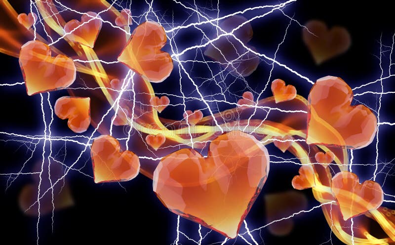 Red lightning gem hearts leading fire smoke wave isolated on dark background. Geometric rumpled triangular low poly stock illustration Red lightning gem hearts leading fire smoke wave isolated on dark background. Geometric rumpled triangular low poly stock illustration