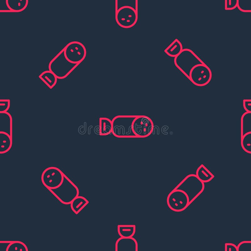 Red line Salami sausage icon isolated seamless pattern on black background. Meat delicatessen product. Vector.