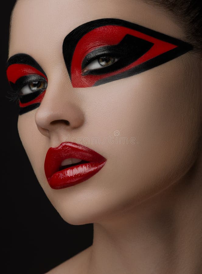Red Lips Black Makeup on the Eyes of the Mask Women Beauty Stock Image Image of fashion