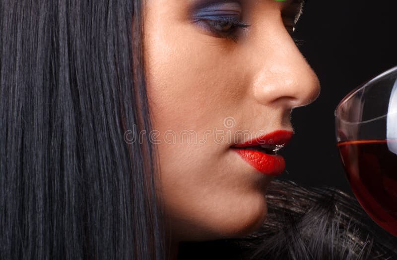 Red lips and glass of wine stock photo. Image of person 18725290