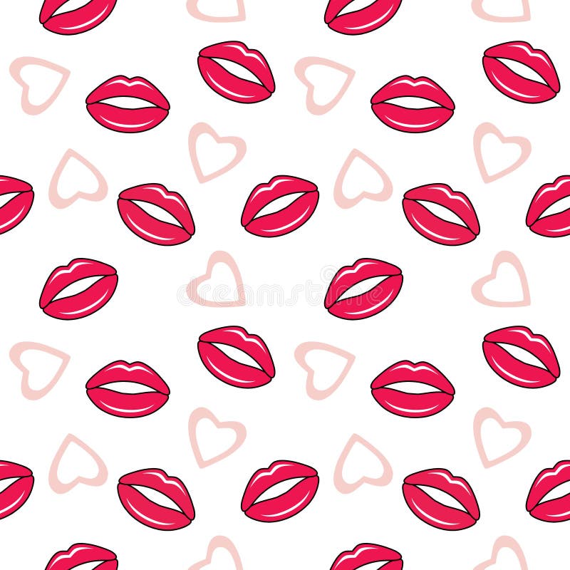 Red Lips and Pink Hearts on a White Background. Seamless Pattern Stock