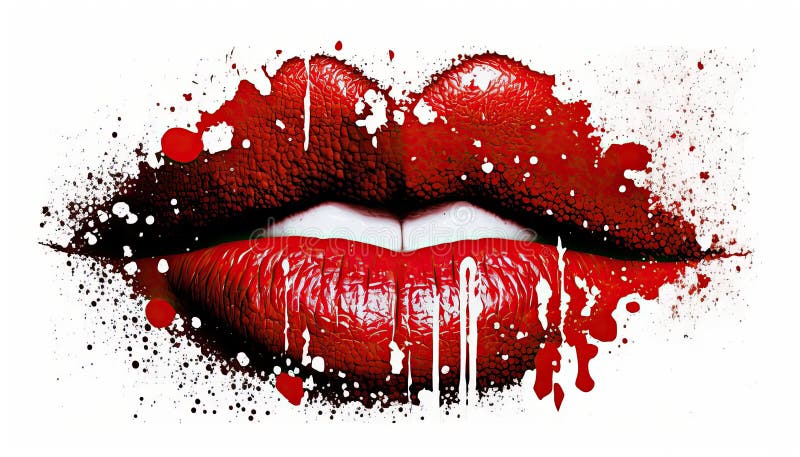Red lips print. Abstract lipstick. White teeth. Closeup lips. Woman\ s lips. Pucker. kiss. White paint splatter.