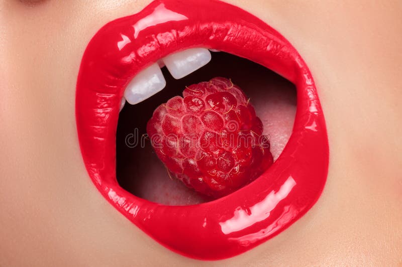 Red lips with raspberry. stock image. Image of gloss 59348989