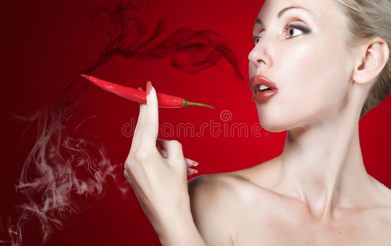 Red Lips and Red Burning Pepper Stock Image Image of lipstick, people