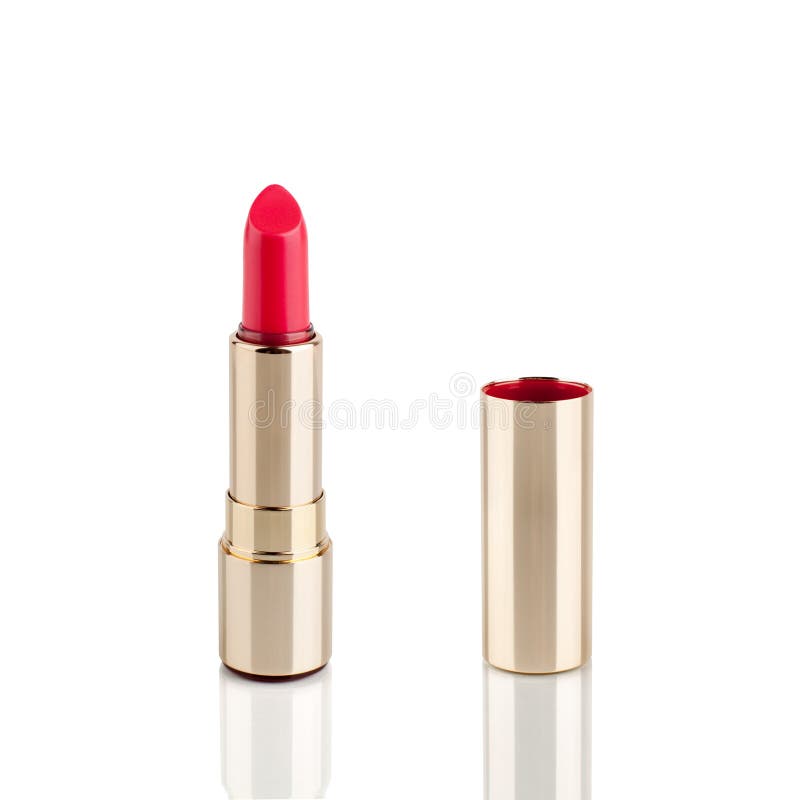 Red lipstick in golden tube on white background with mirror reflection on glass surface isolated close up, open pink lipstick royalty free stock photos Red lipstick in golden tube on white background with mirror reflection on glass surface isolated close up, open pink lipstick royalty free stock photos