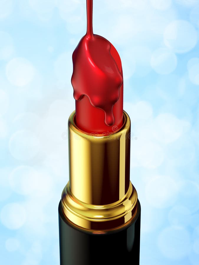 Red Lipstick and Nail Polish on Blue Bokeh Background Stock