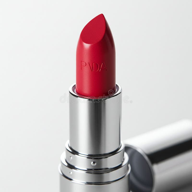 Red lipstick with a silver metallic casing, featuring a partially visible brand name. The stock illustration