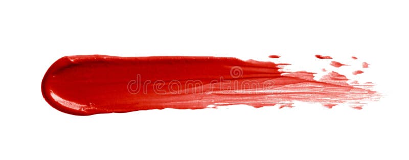 Red lipstick smear smudge swatch isolated on white background. Cosmetic make up texture. Bright red color creme lip stick