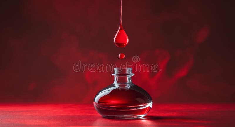 Red Liquid Dropping into a Glass Flask, Highlighting Color, Texture and Refraction. royalty free stock photos