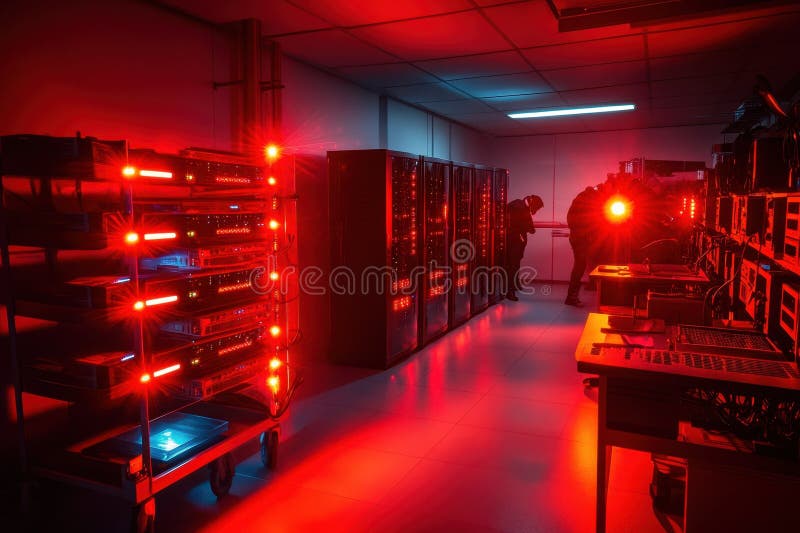 Red-lit data center with technicians working on server maintenance at night. Technicians are focused on repairing servers in a dimly lit data center illuminated by red lights. AI generated