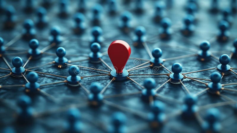 Red location marker standing out among blue pins on a digital network background stock illustration