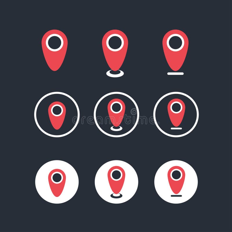 Red location pin icon set in flat design style. Isolated map pointer for navigation, geolocation, GPS stock illustration