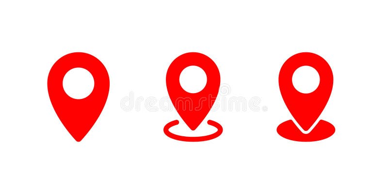 Red location pin icon set. Map marker and navigation symbol stock illustration