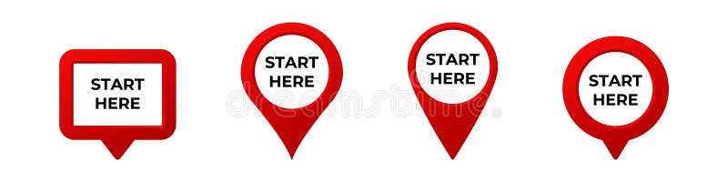 Red location pins with start here text in various shapes for navigation or map use. Red location pins with start here text, featuring different shapes for navigation purposes.