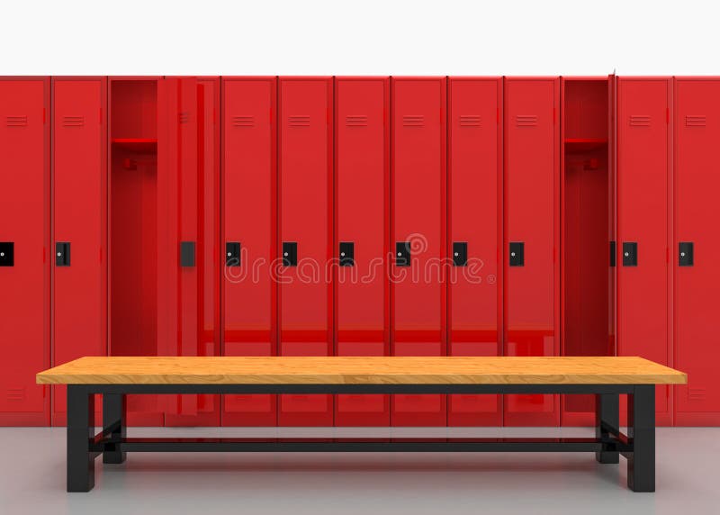 3d rendering. Red Lockers row with brown wood bench on gray floor