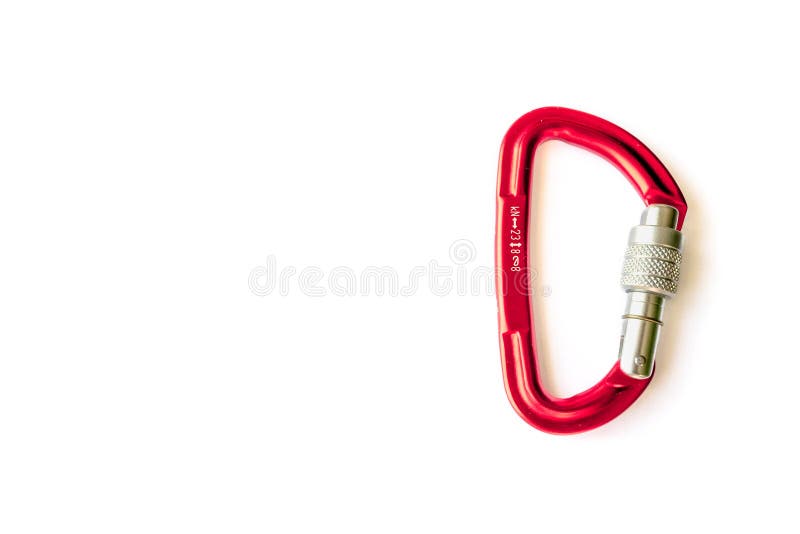 Red locking karabiner done up, isolated on white background, with copy space. Close up of locking carabiner royalty free stock photography