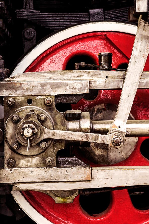 Red locomotive wheel close-up