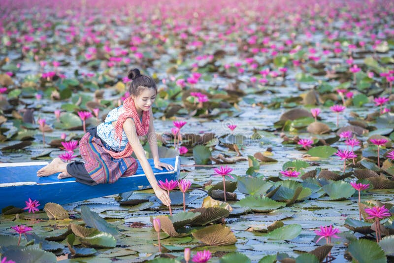 Red Lotus Sea, Woman in Flower Lotus Lake Image - Image of outdoors: